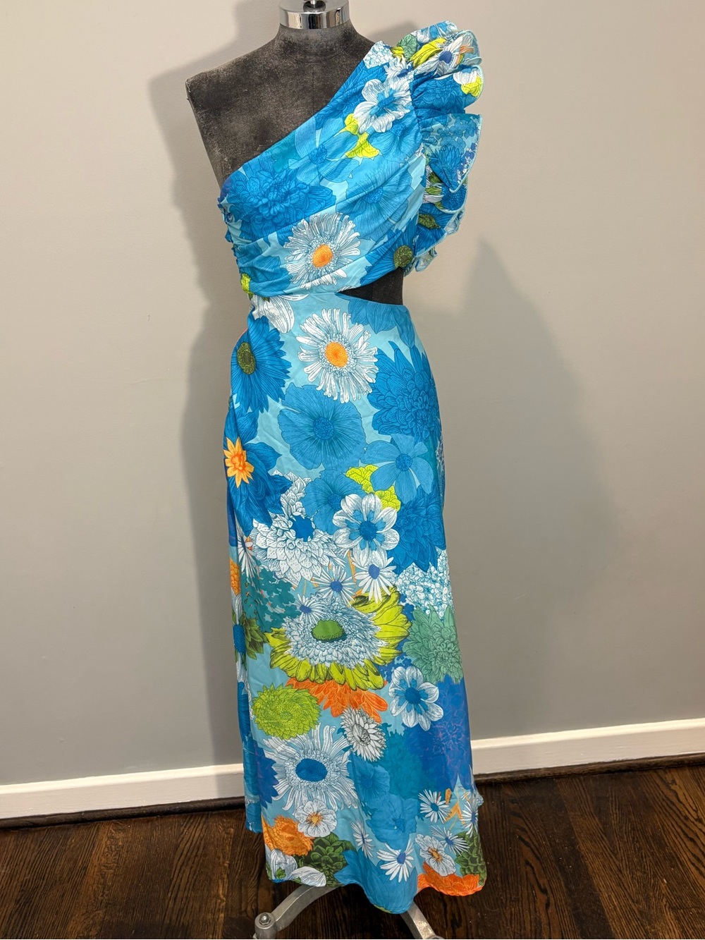 One & Only Collective One Shoulder Ruffle Floral Cutout Vibrant Maxi Size Small